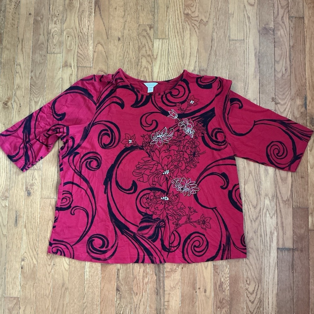 CJ Banks Top Womens 3X Red With Black Embellished Career Casual Office